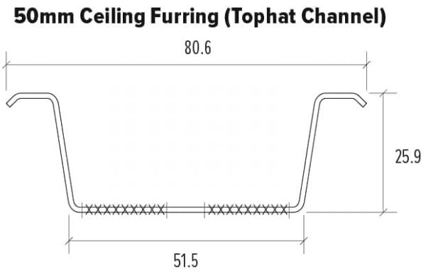 MF5 Ceiling Section (Top Hat) 3.6m (0.5mm) - 50 Length Pack